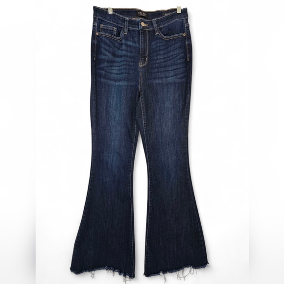 Judy Blue Denim - Judy Blue Flare Jeans Size 11/30 Dark Wash Raw Hem High Rise Stretchy